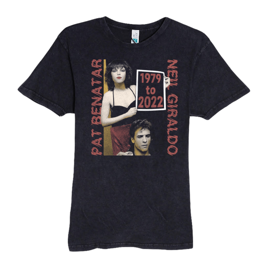A navy-colored vintage t-shirt featuring two portraits of a female artist, with the names 'Pat Benatar' and 'Neil Giraldo' and the years '1979 to 2022' printed on it.