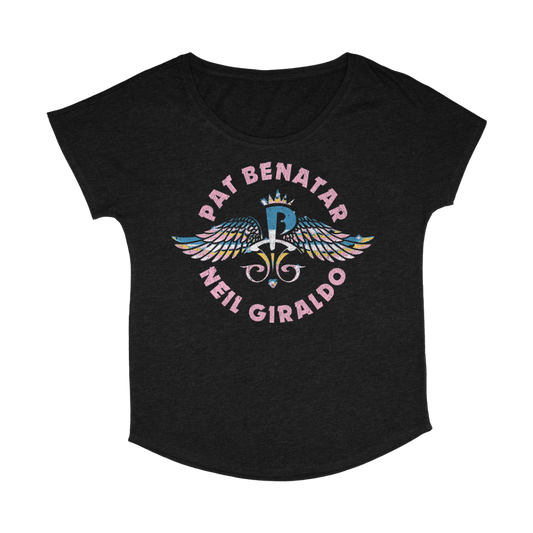 Black ladies t-shirt with a round multicolor graphic design in the center that includes text and wings.