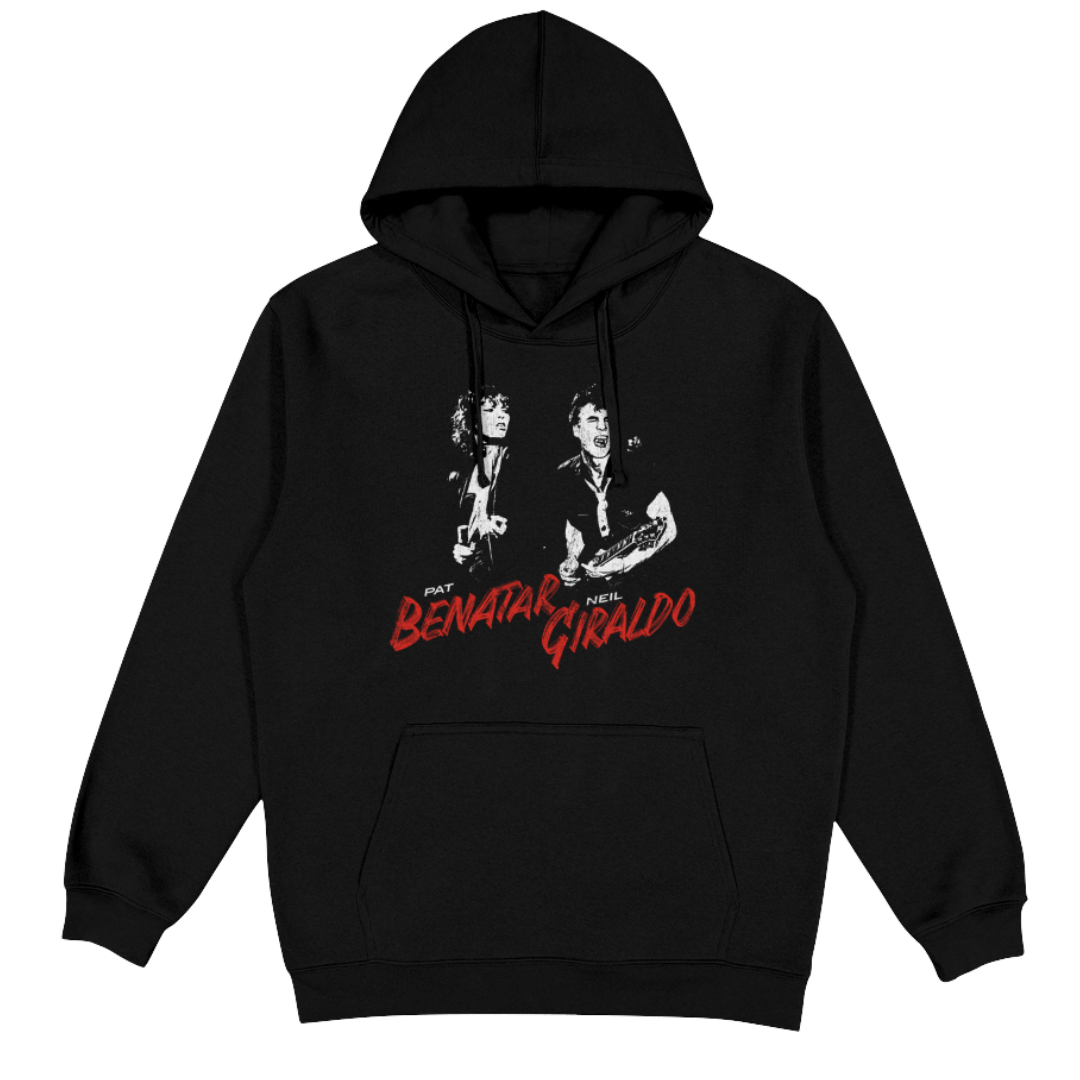 A black pullover hoodie featuring a graphic print of two men on a guitar, with the red stylized text 'PAT BENATAR & SHELL GIRALDO' printed below.