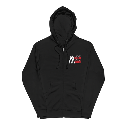 A black zip-up hoodie with a drawstring hood and kangaroo pockets, featuring a small silhouette graphic with the text 'PAT BENATAR AND NEIL GIRALDO"