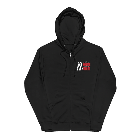 A black zip-up hoodie with a drawstring hood and kangaroo pockets, featuring a small silhouette graphic with the text 'PAT BENATAR AND NEIL GIRALDO"