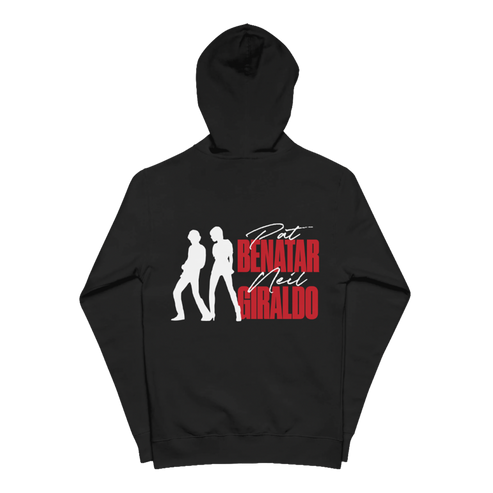 A black pullover hoodie with a graphic print on the front, featuring white silhouettes of a men and woman with red and white text that reads PAT BENATAR NEIL GIRALDO