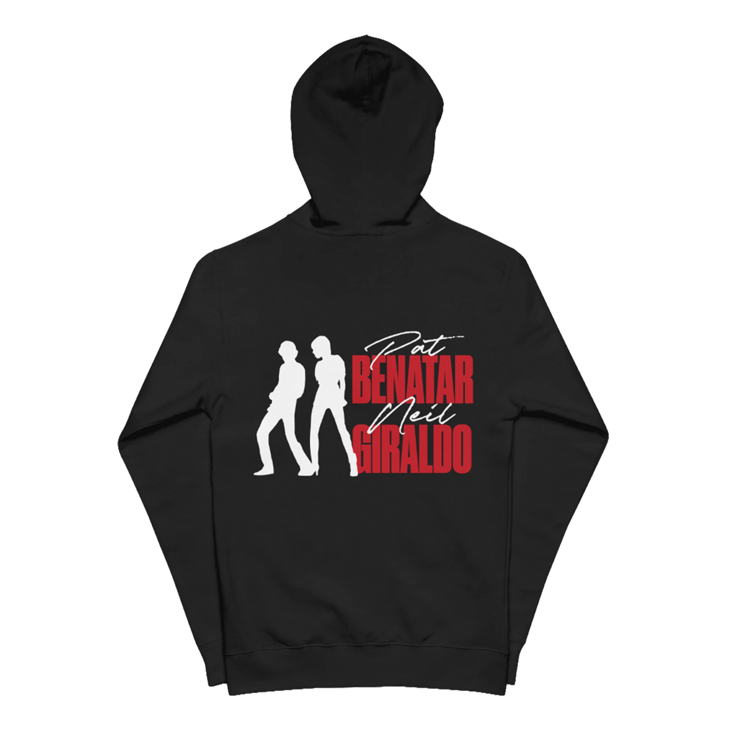 A black pullover hoodie with a graphic print on the front, featuring white silhouettes of a men and woman with red and white text that reads PAT BENATAR NEIL GIRALDO