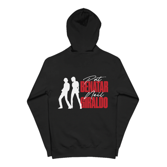 A black pullover hoodie with a graphic print on the front, featuring white silhouettes of a men and woman with red and white text that reads PAT BENATAR NEIL GIRALDO