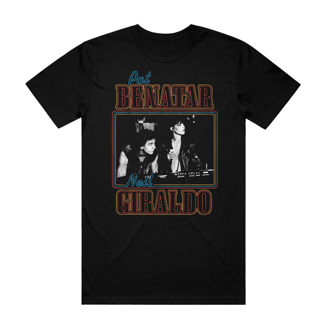 Black t-shirt with graphic design featuring two people and text on a white background