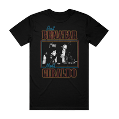 Black t-shirt with graphic design featuring two people and text on a white background