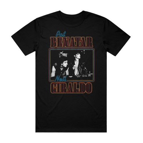 Black t-shirt with graphic design featuring two people and text on a white background
