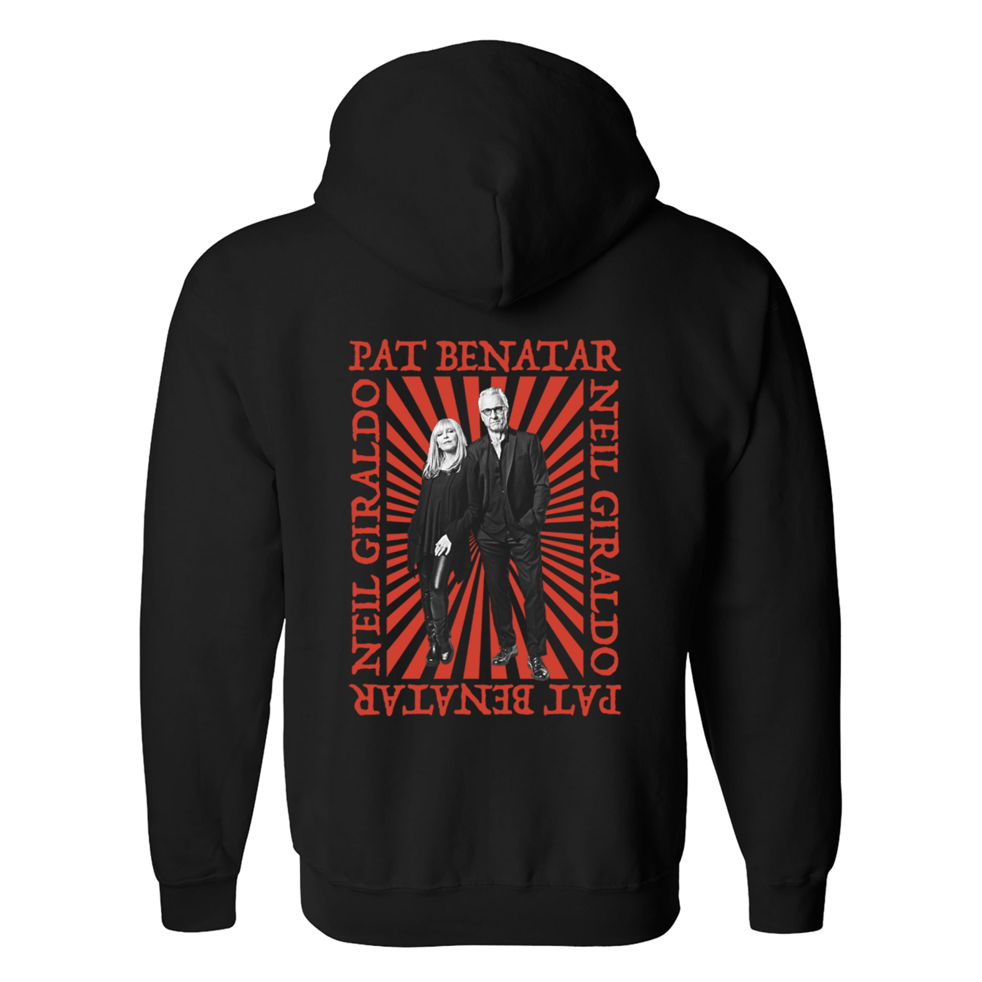 Black hoodie with red and white graphic design on the back featuring two people and text.