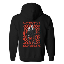 Black hoodie with red and white graphic design on the back featuring two people and text.