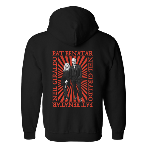 Black hoodie with red and white graphic design on the back featuring two people and text.