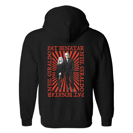 Black hoodie with red and white graphic design on the back featuring two people and text.