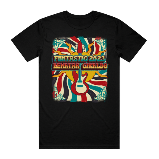 Black T-shirt with a colorful graphic print featuring text 'Funtastic 2023' and 'Benatar Giraldo' with musical elements such as guitars and abstract patterns.