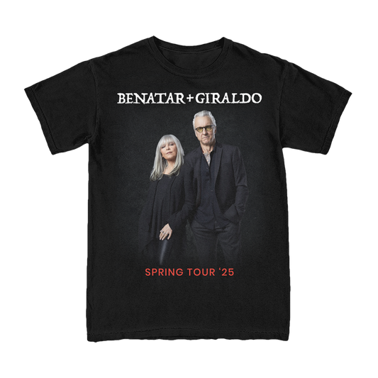 Black crew neck t-shirt with a photo print of two individuals and the text 'BENATAR+GIRALDO' and 'SPRING TOUR '25' on the front.