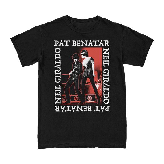 Black tee with a vintage photo graphic of a female artist and male guitarist, with the text 'PAT BENATAR' and 'NEIL GIRAUDO' on the front.